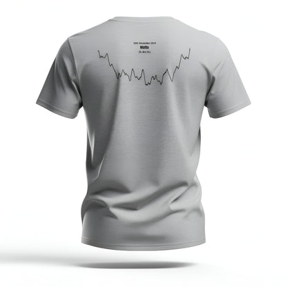 Gray t-shirt with a black custom Strava route print art design on the back against a white background