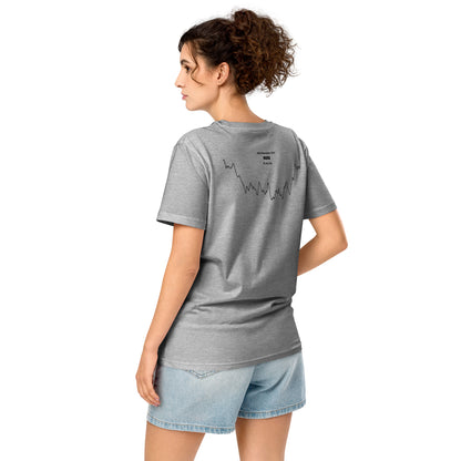 Woman wearing a gray t-shirt with a custom Strava route print art design on the back, standing against a white background