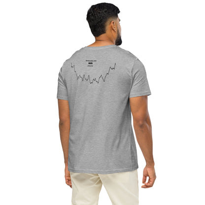Man wearing a gray t-shirt with a custom Strava route print art design on the back, standing against a white background