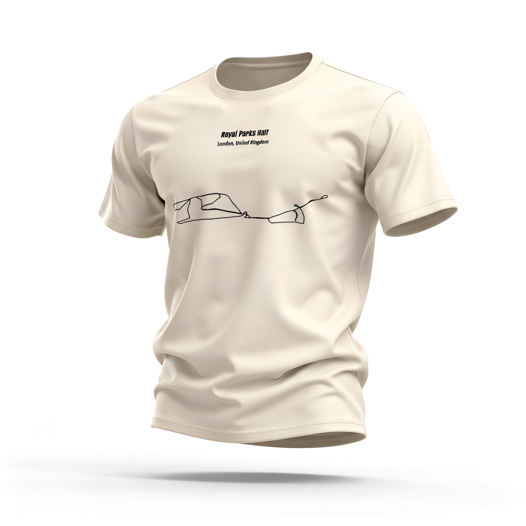 Beige t-shirt with a custom Strava route print art design on a white background