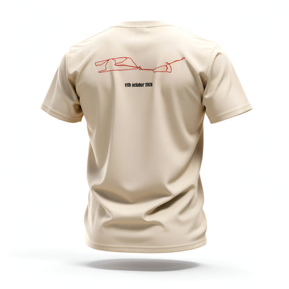 Beige t-shirt with red custom Strava route print art on the back against a white background
