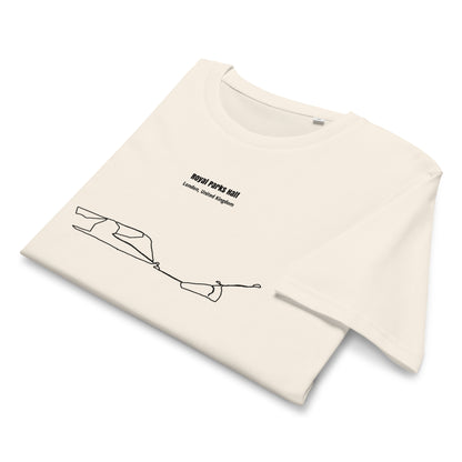 Beige t-shirt with a minimalist custom Strava route print art design on a white background
