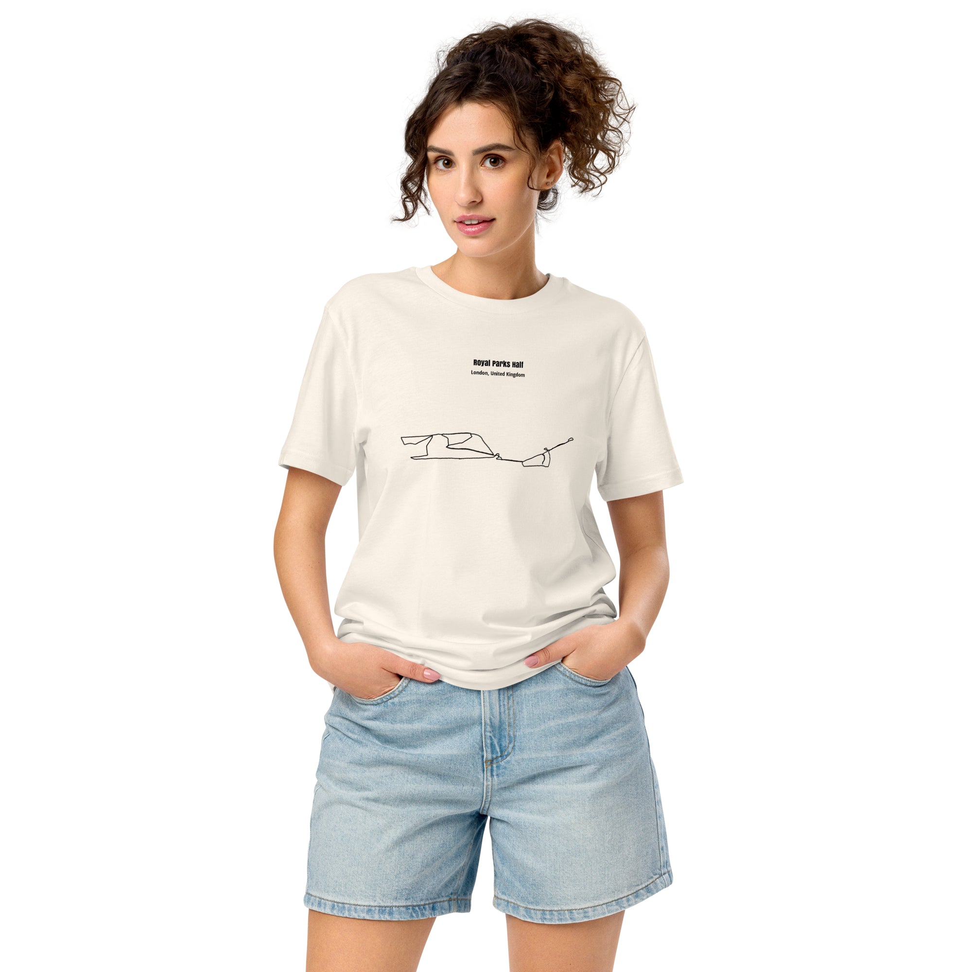 Woman wearing a white t-shirt with a custom Strava route print art design on a white background