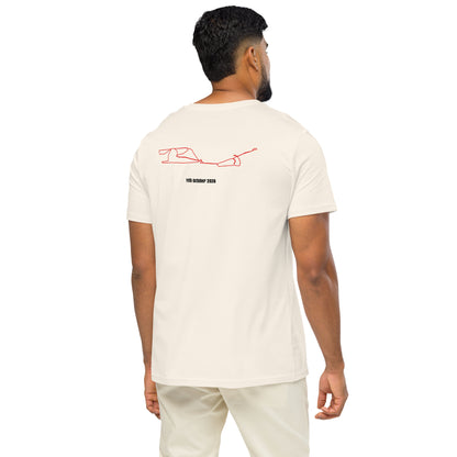 Man wearing a white t-shirt with a red custom Strava route print art on the back, standing against a white background