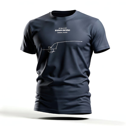 Navy blue t-shirt with white custom Strava route print art design on a white background