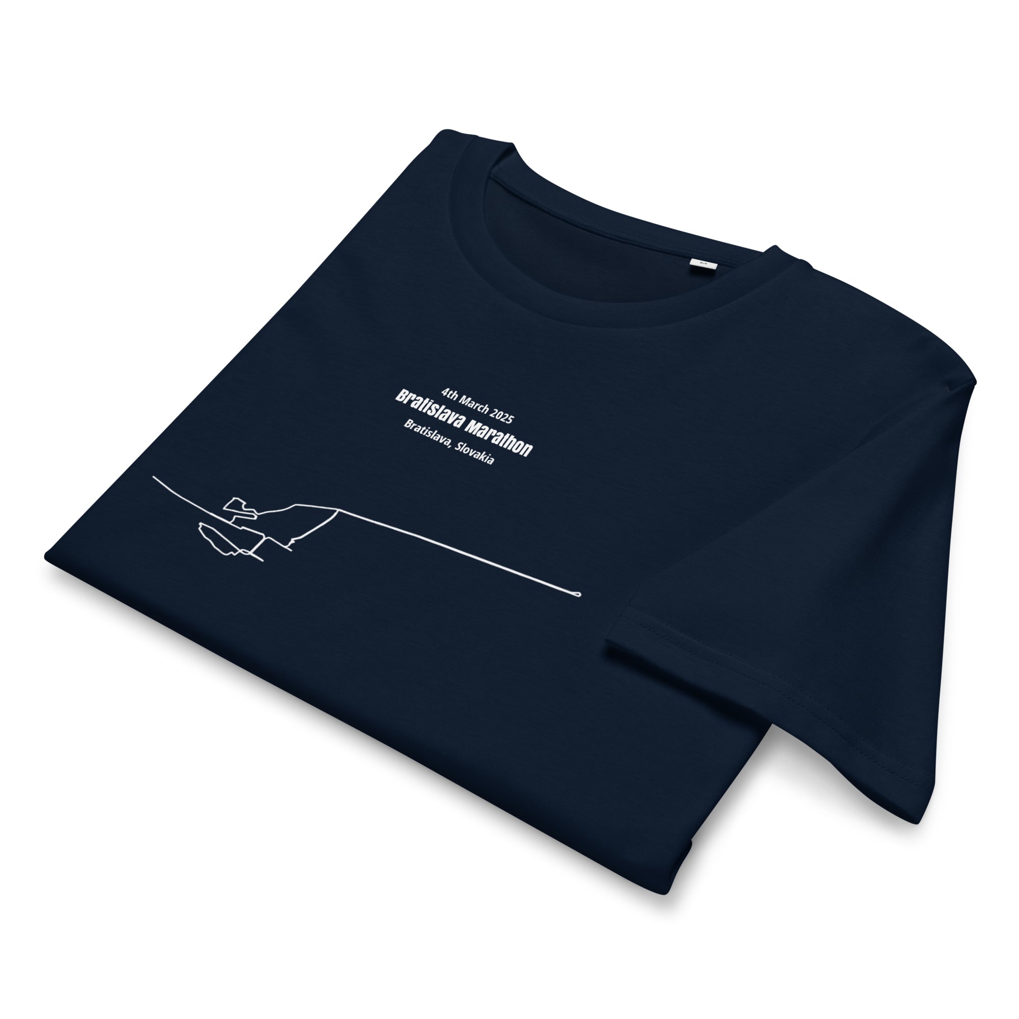 Folded navy blue t-shirt with white custom Strava route print art and text on a white background