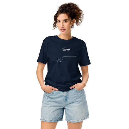 Woman wearing a navy blue t-shirt with a custom Strava route print art design on a white background