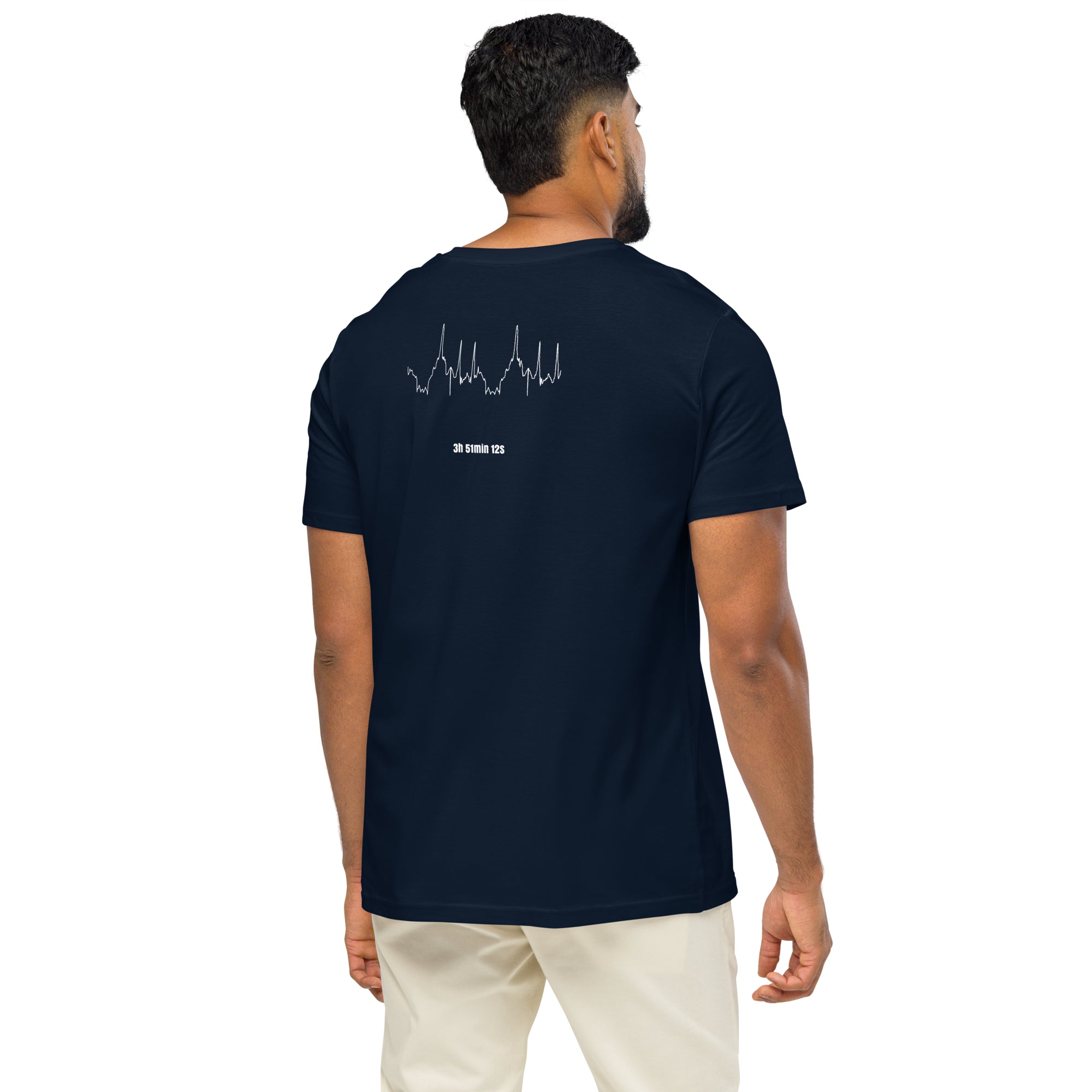 Man wearing a navy blue t-shirt with custom Strava route print art on the back, standing against a white background