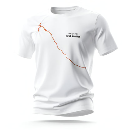 White t-shirt with marathon custom Strava route print art design and text on a white background