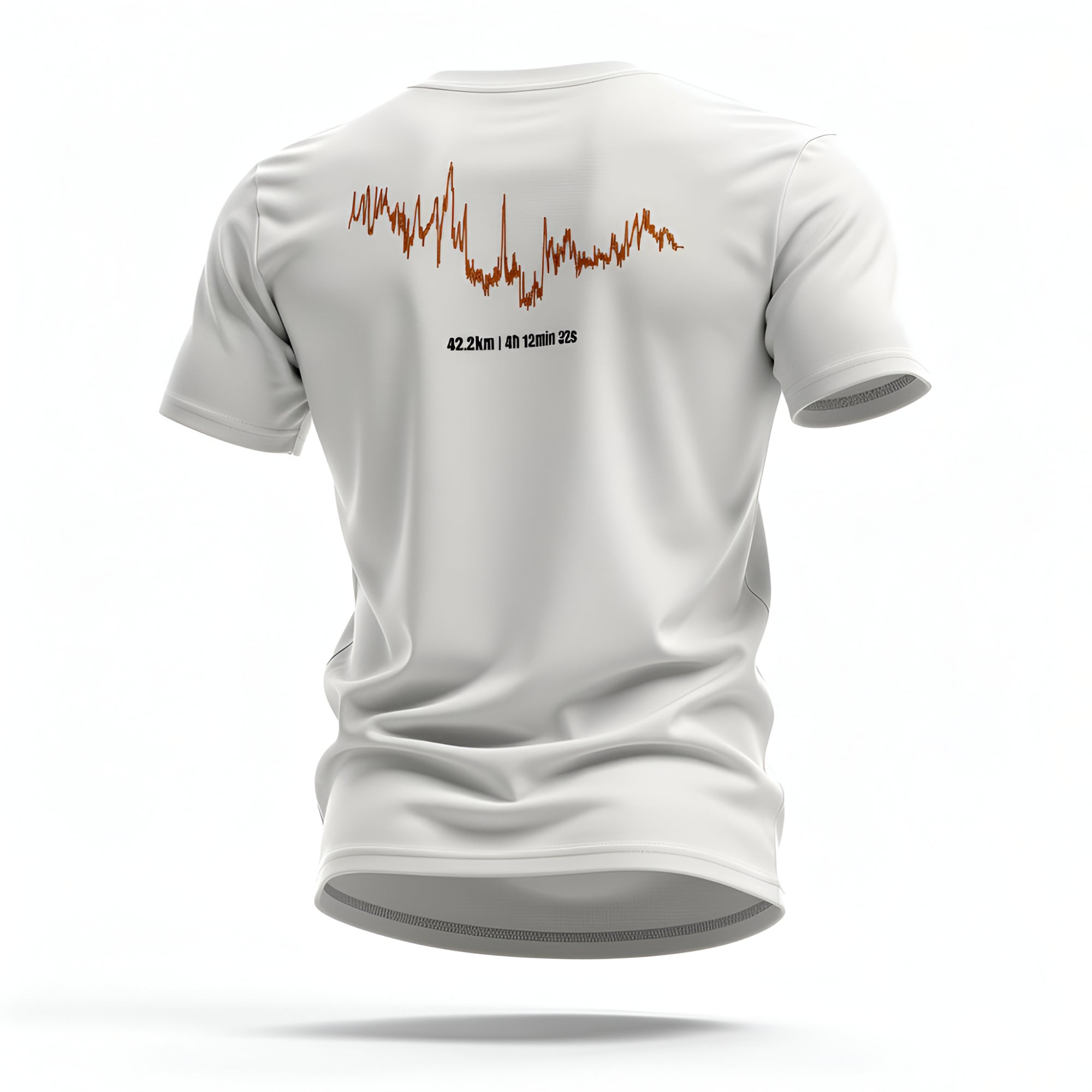 White t-shirt with red custom Strava route print art design on the back against a white background
