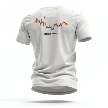 White t-shirt with red custom Strava route print art design on the back against a white background