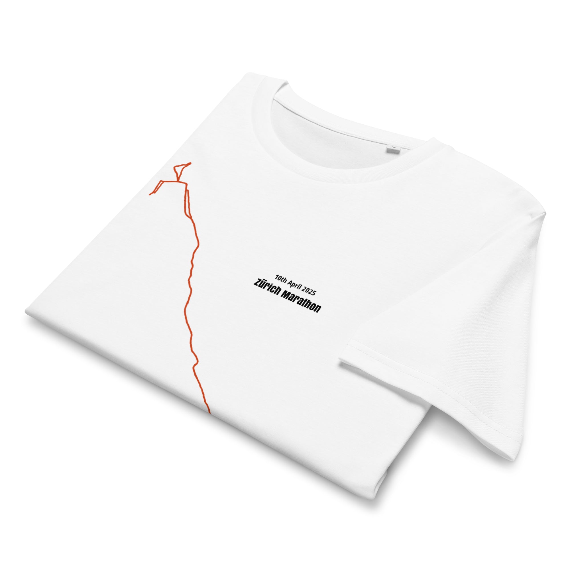 White t-shirt with red and black custom Strava route print art on a white background