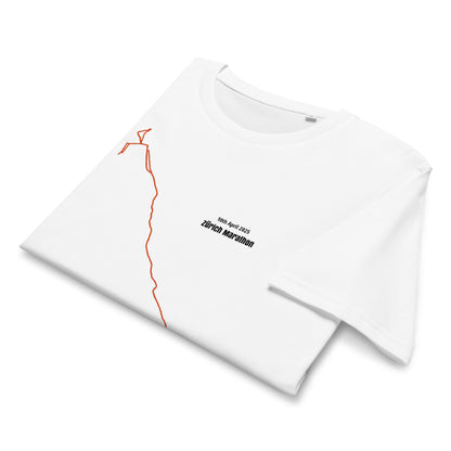White t-shirt with red and black custom Strava route print art on a white background