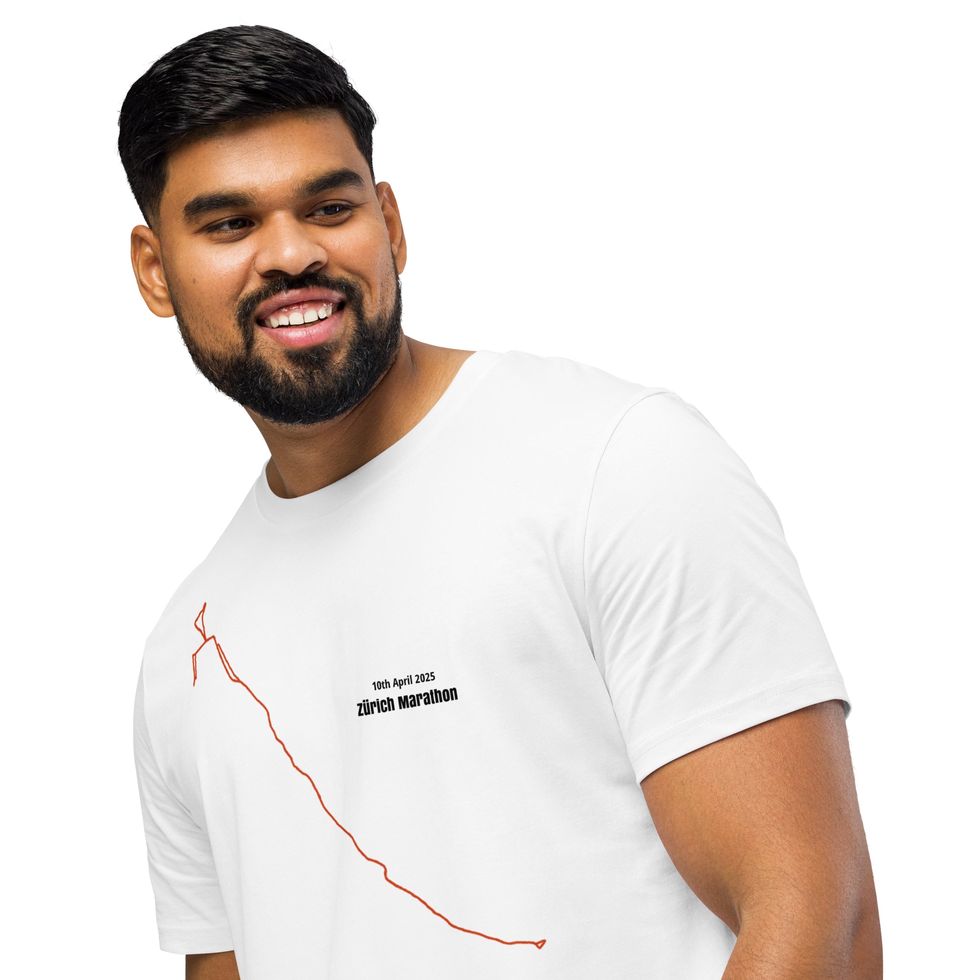 Man wearing a white t-shirt with a red custom Strava route print art design on a white background
