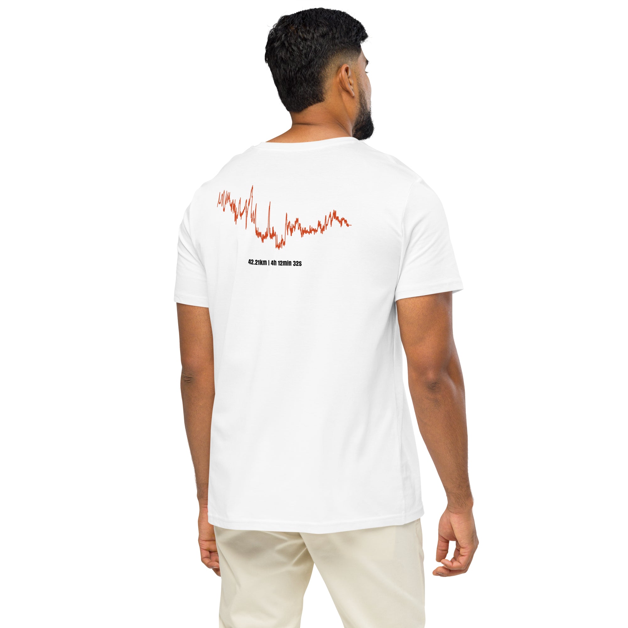 Man wearing a white t-shirt with red custom Strava route print art on the back, standing against a white background