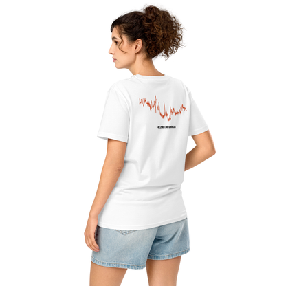 Person wearing a white t-shirt with red custom Strava route print art on the back, standing against a white background