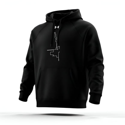 Black hoodie with a logo and custom Strava route print on a white background