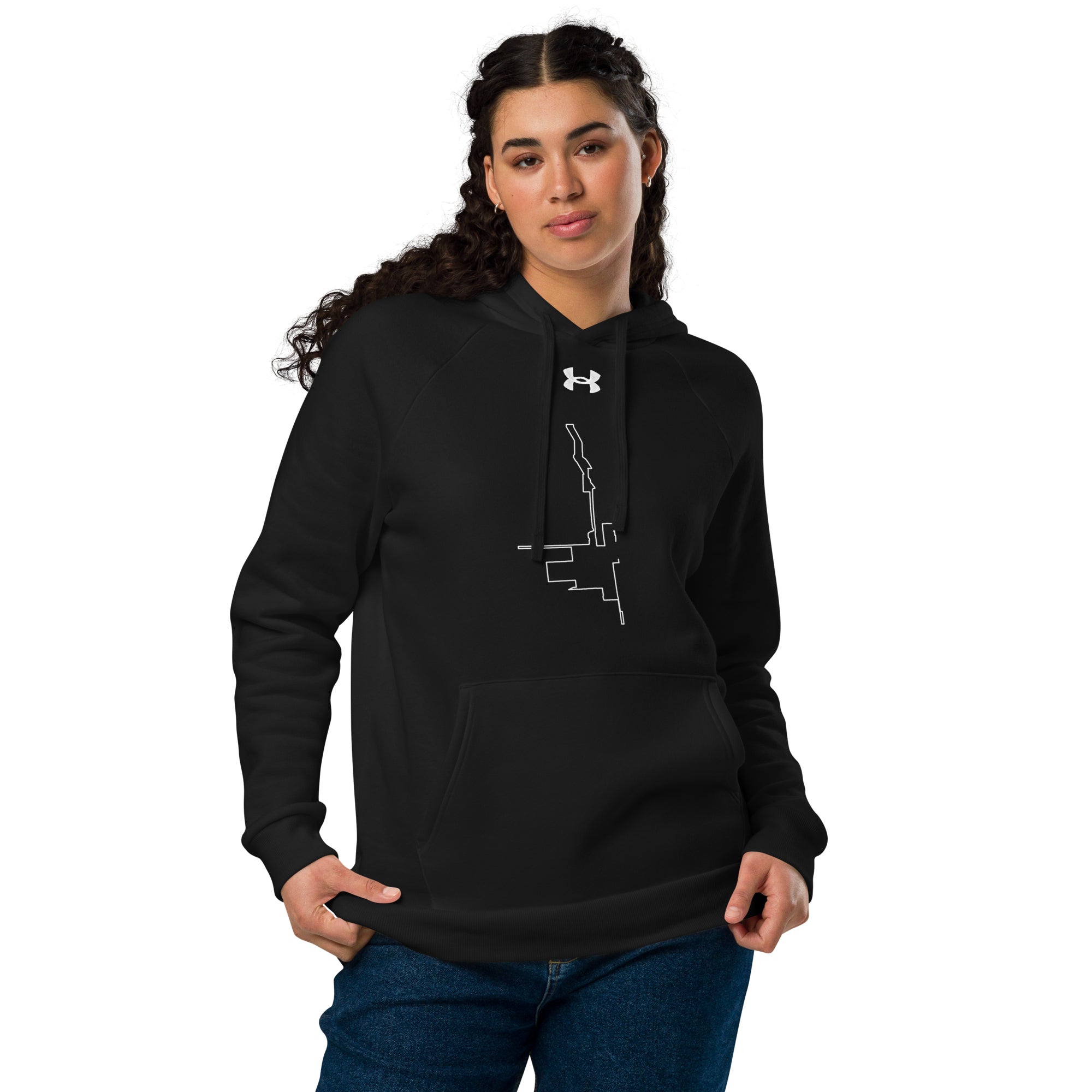 Person wearing a black hoodie with a logo and custom Strava route print on a white background