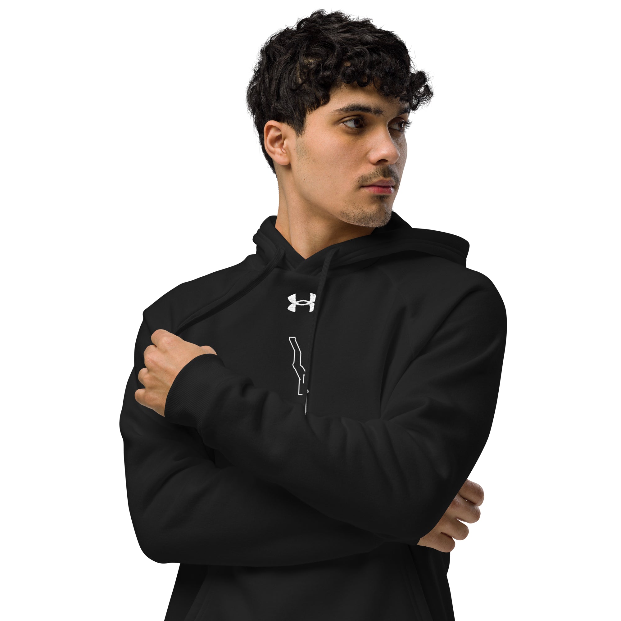 Person wearing a black Under Armour hoodie with custom Strava route print on a white background