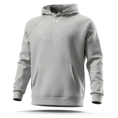 Gray hoodie with Under Armour logo and custom Strava route print on a white background