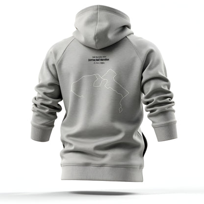 Gray hoodie with a custom Strava route print design on the back on a white background