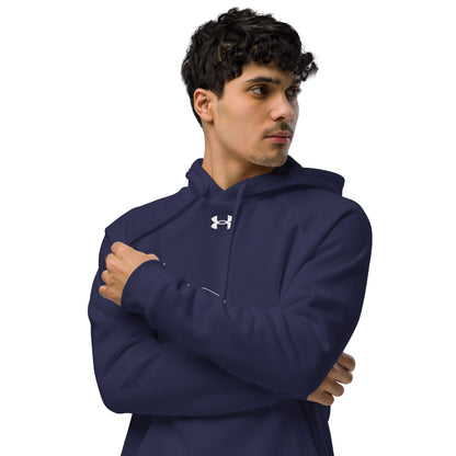 Man wearing a navy blue Under Armour hoodie with custom Strava route print on a white background