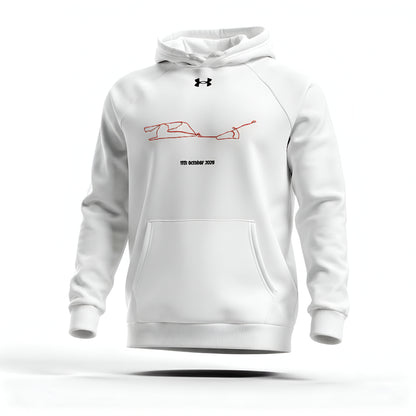 White hoodie with red custom Strava route print design on a white background