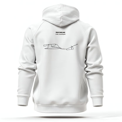 White hoodie with a custom Strava route print design on the back against a white background