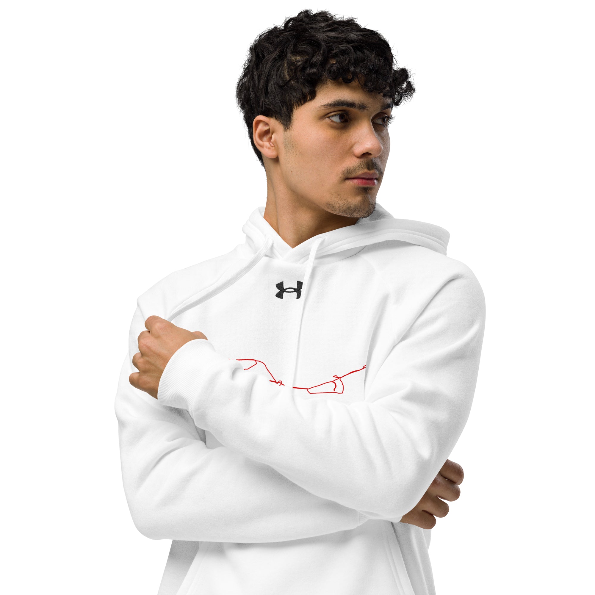 Person wearing a white Under Armour hoodie with a logo and custom Strava route print on a white background