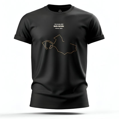 Black t-shirt with a custom Strava route print design and text on a white background