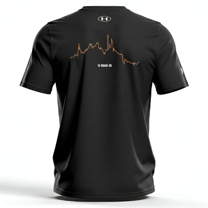 Black t-shirt with a custom Strava route print design on the back against a white background