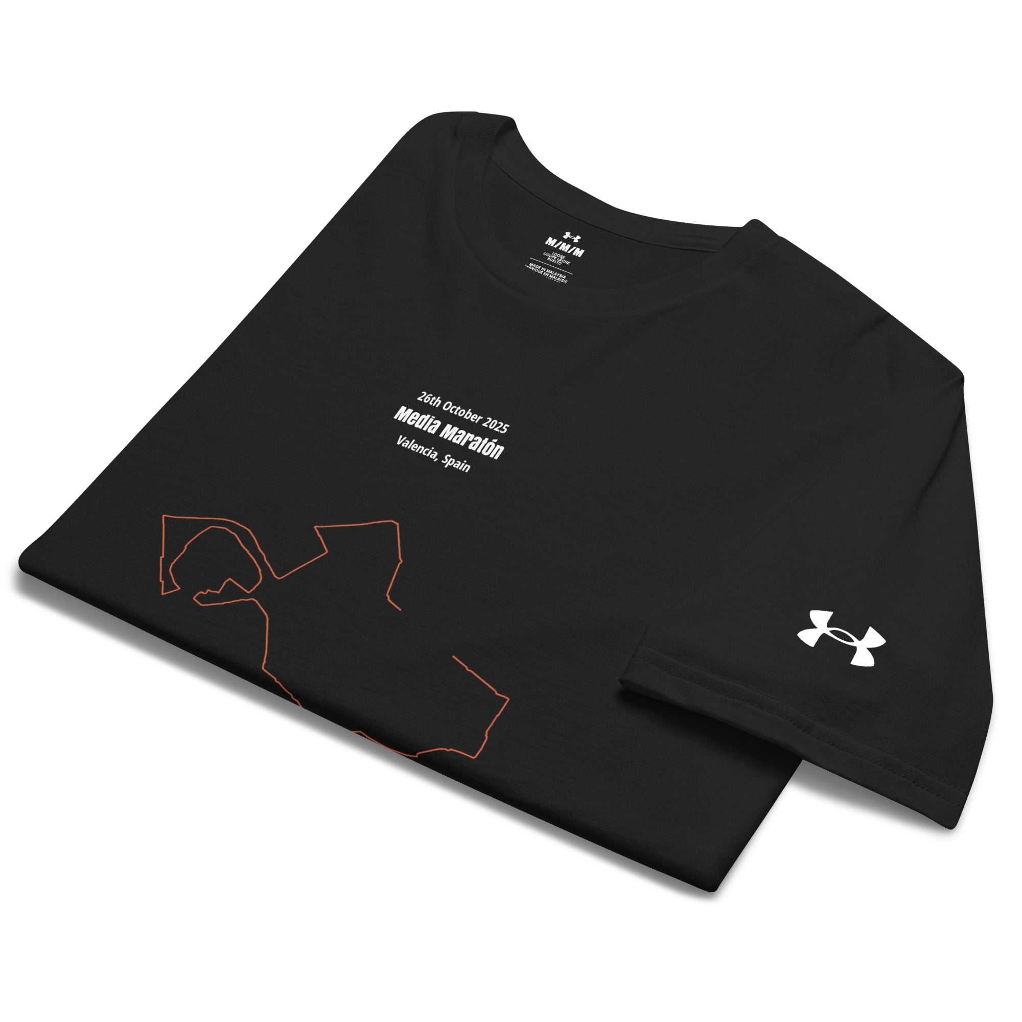 Black long-sleeve shirt with Under Armour logo, custom Strava route print  and text on a white background