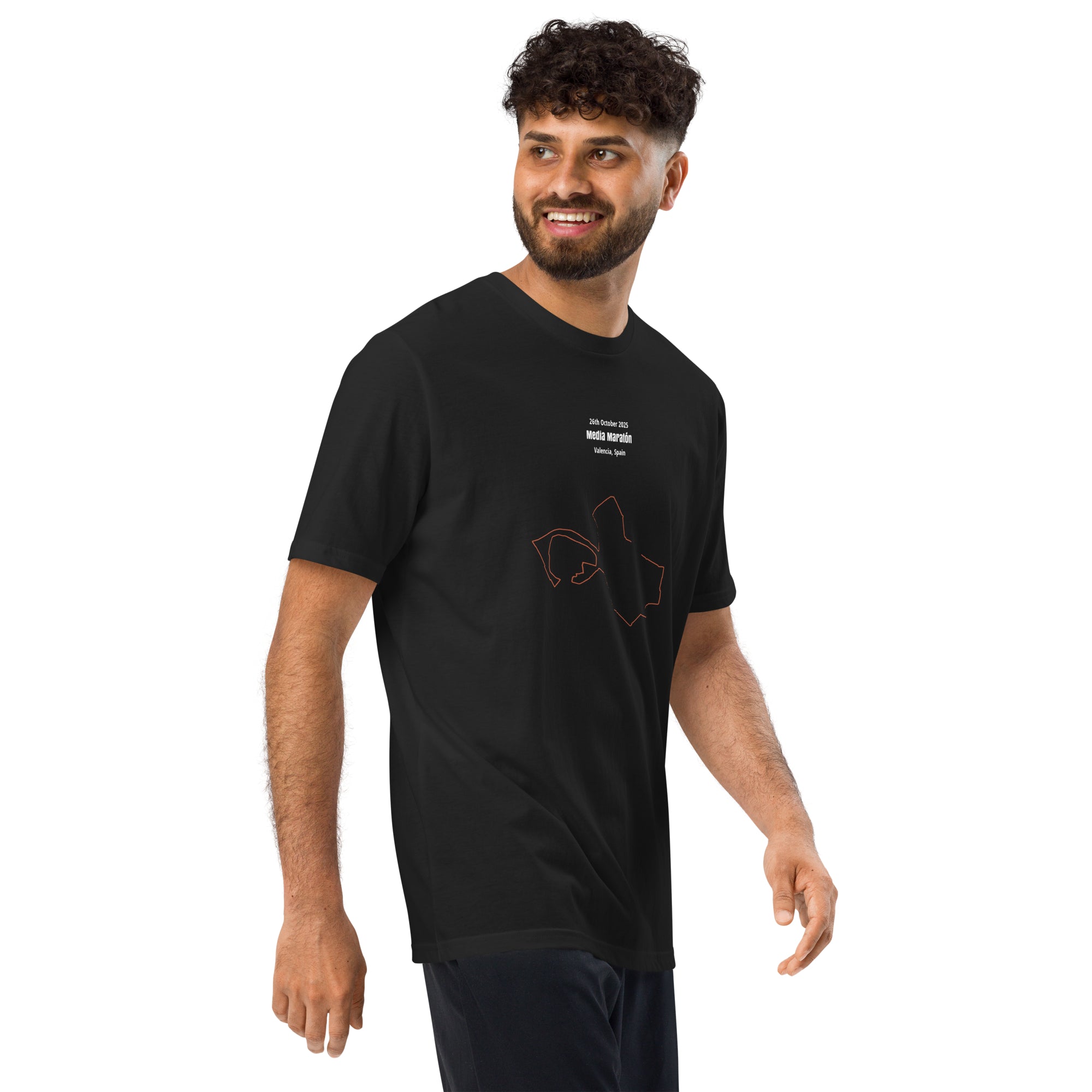 Man wearing a black t-shirt with a logo and a custom Strava route print on a white background