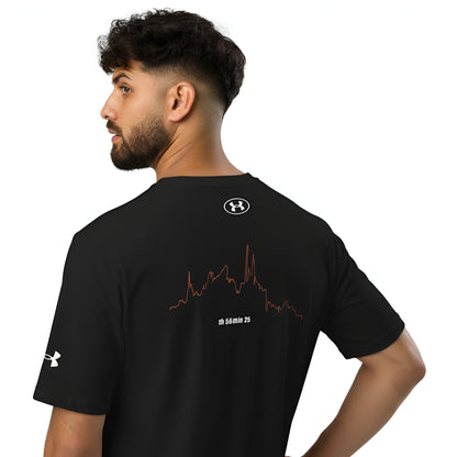 Man wearing a black Under Armour t-shirt with a custom Strava route print design on the back