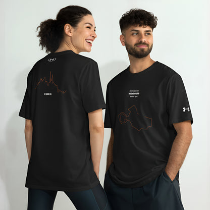 Two people wearing black Under Armour t-shirts with custom Strava route and elevation print designs on a white background
