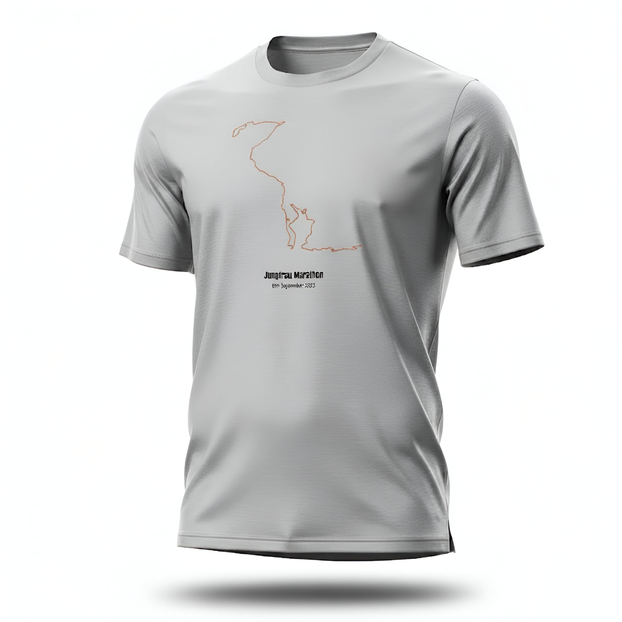 Gray t-shirt with a minimalistic custom Strava route print design on a white background