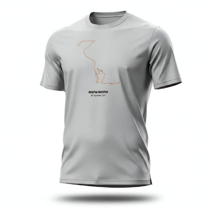Gray t-shirt with a minimalistic custom Strava route print design on a white background