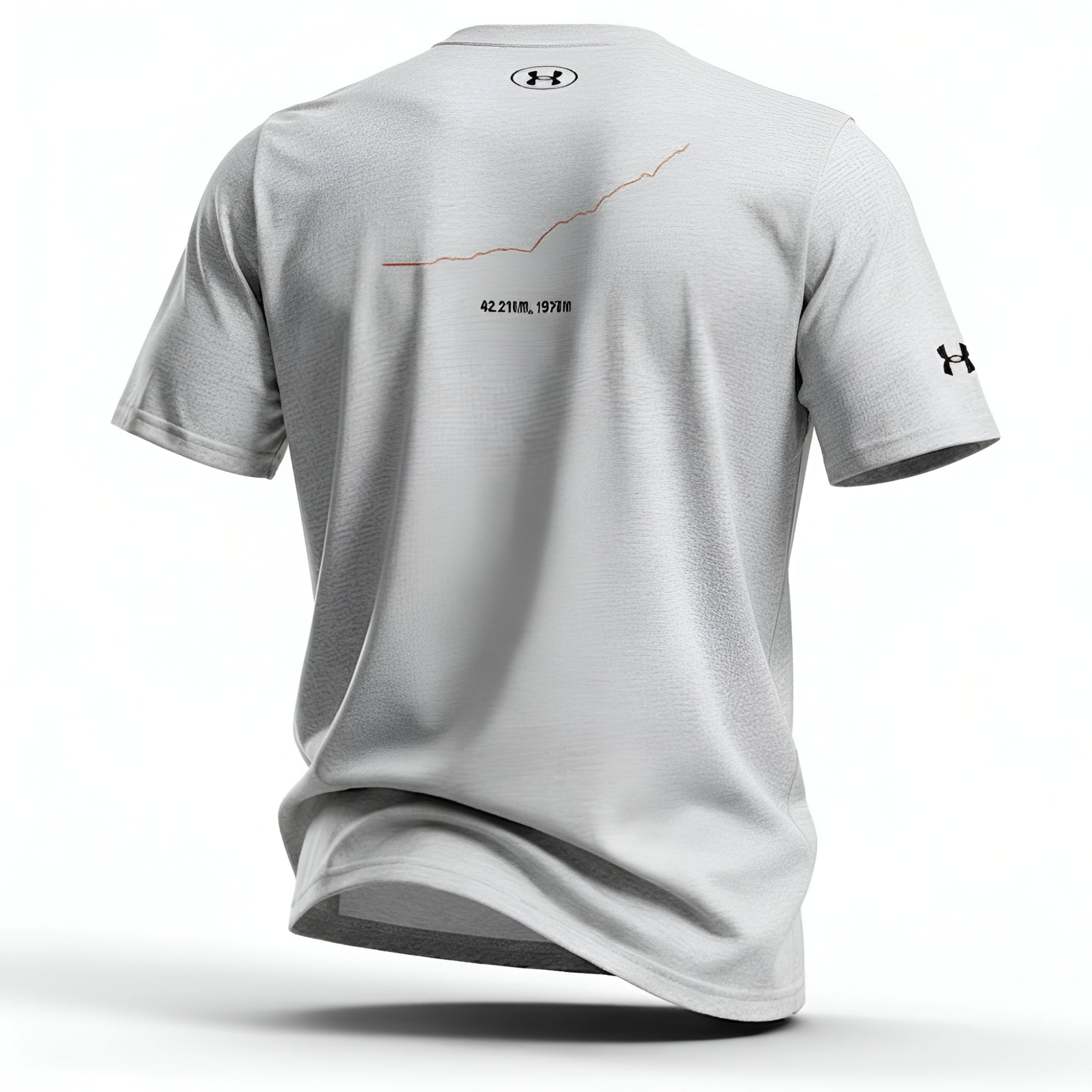 Gray t-shirt with Under Armour logo and custom Strava route print on a white background