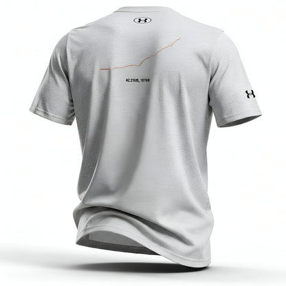 Gray t-shirt with Under Armour logo and custom Strava route print on a white background
