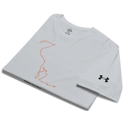 Gray t-shirt with red custom Strava route print design and black logo on a white background