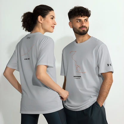 Two people wearing gray t-shirts with a custom Strava route and elevation print designs on a white background