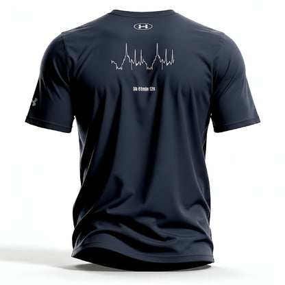 Navy blue t-shirt with a custom Strava route print design on the back, displayed against a white background