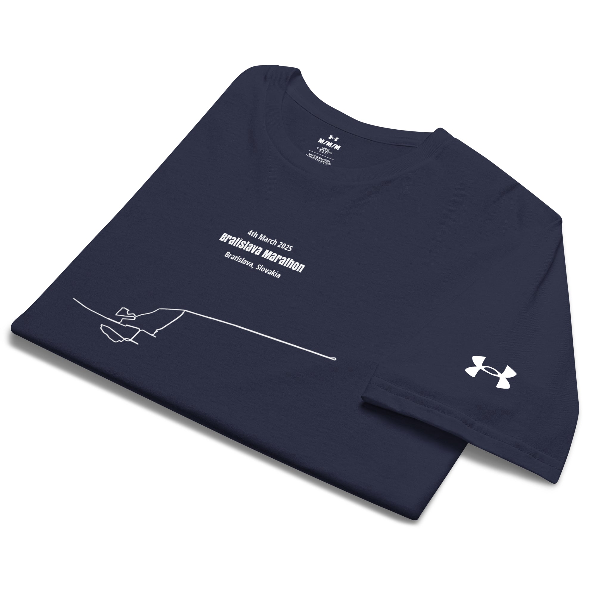 Navy long-sleeve shirt with white text, custom Strava route print and Under Armour logo on a white background