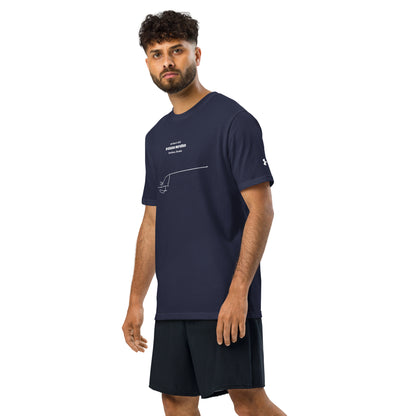 Man wearing a navy blue t-shirt with custom Strava route print and black shorts on a white background