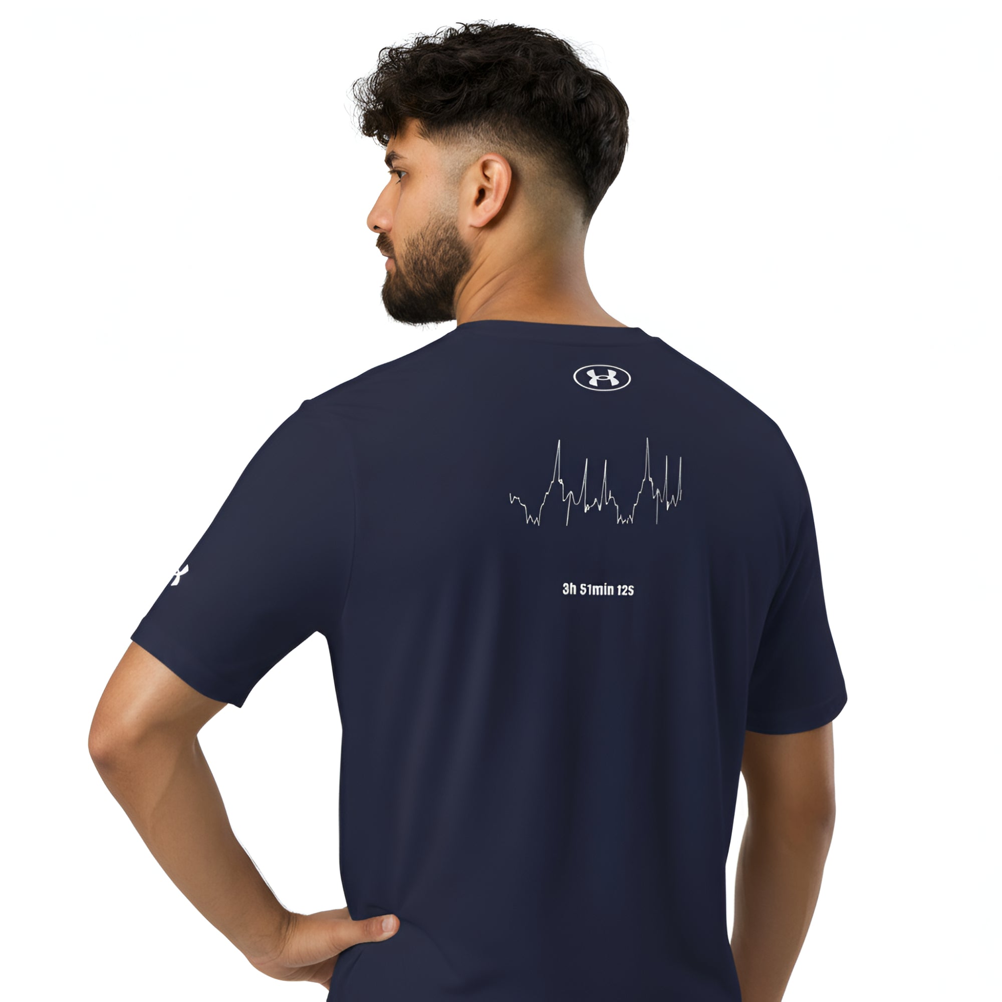 Man wearing a navy blue t-shirt with a logo and custom Strava route print on the back, standing against a white background