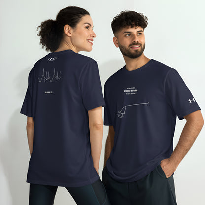 Two people wearing navy blue t-shirts with custom Strava route and elevation print designs on a white background