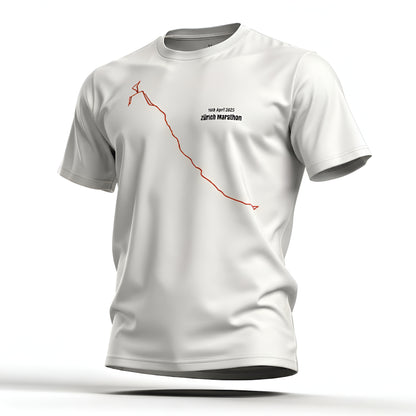 White t-shirt with red custom Strava route print design and text on a white background