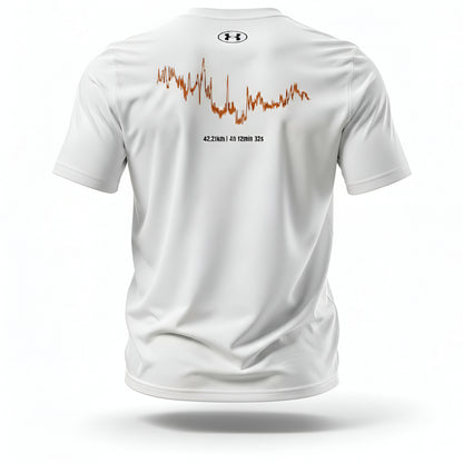 White t-shirt with custom Strava route print design and Under Armour logo on a white background