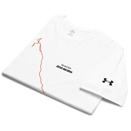 White t-shirt with marathon custom Strava route print design and Under Armour logo on a white background