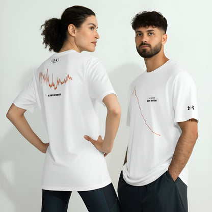 Two people wearing white t-shirts with Under Armour logos and custom Strava route and elevation print designs on a light gray background